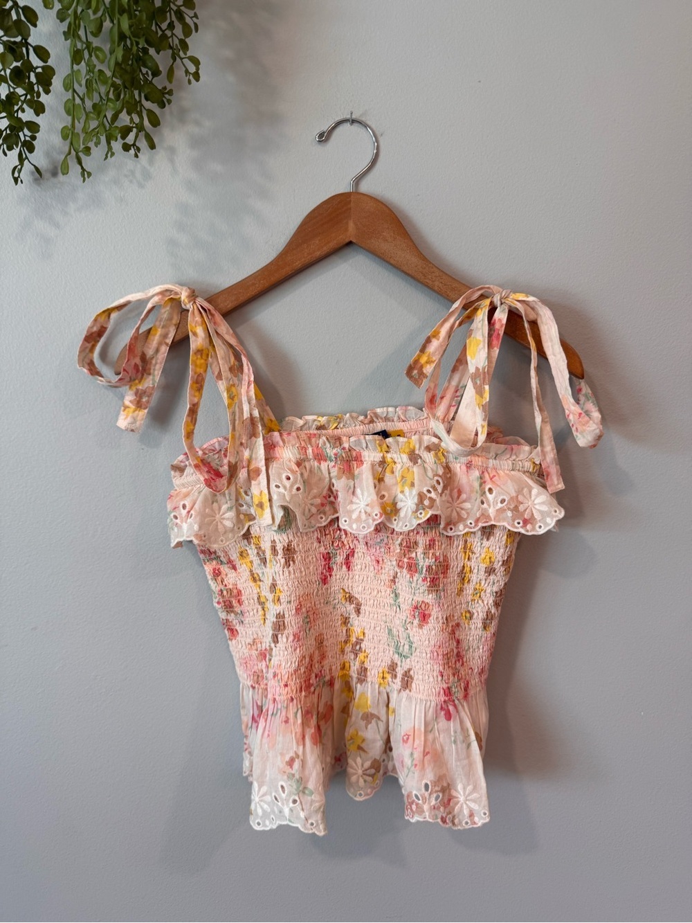 Ralph Lauren Pink Floral Tie-Shoulder Smocked Camisole Sz L